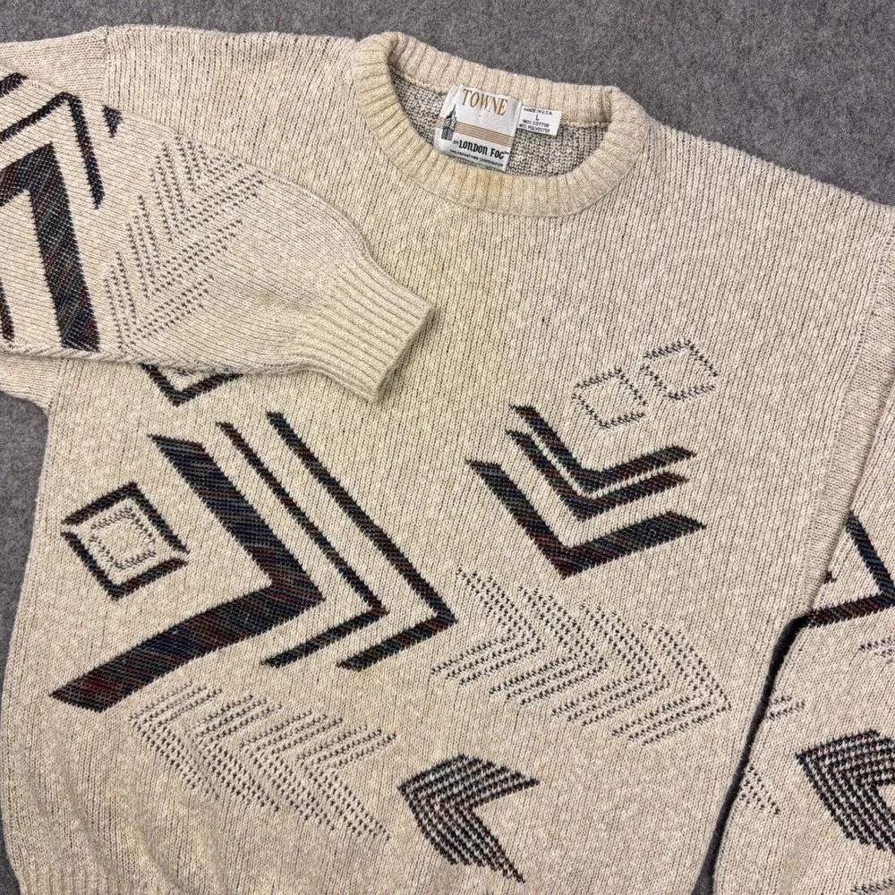 VTG London Fog Sweater Mens Large Tan Geometric Southwestern Cotton 90s USA